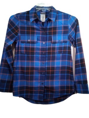 Patagonia Organic Cotton Shirt Women 0 Blue Plaid Long Sleeve Button Up