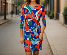 TAHARI WOMEN'S DRESS SIZE: 12 ROUND NECK 3/4 SLEEVE COLORFUL FAUX WRAP STRETCH