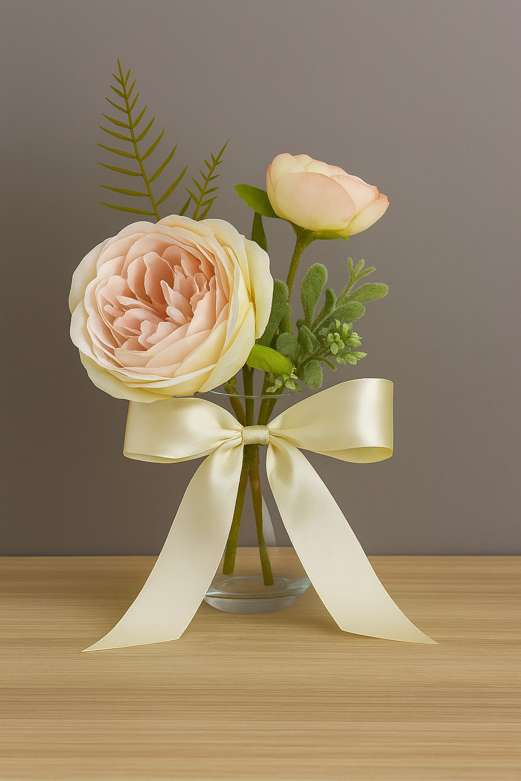 Faux Peony & Foliage Arrangement in Glass Vase – Pink – New