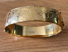 Excalibur Rolled Gold Engraved Hinged Bangle Bracelet Signed Made England