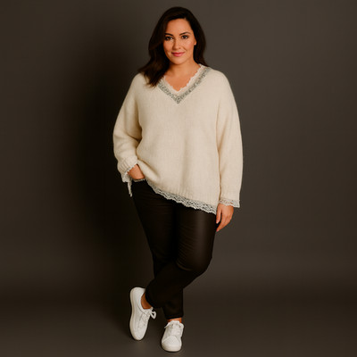 ROCKTHOSECURVES WOMENS Super Soft V neck Jumper with Lace and Jewels