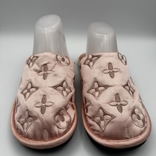 Pink Satin Monogram Slippers Women Size 8 Quilted House Slides Slip On Large