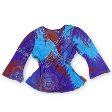 Vtg Y2k Beaded Babydoll Fairy Top Women 3X Blue Ethereal Sheer Gypsy Boho Hippie