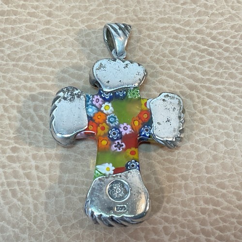 Venetian Millefiori Venetian Art Glass Sterling Silver Cross Pendant By Alan K - Picture 7 of 13