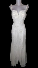 Vtg 90s Women Ivory Silk Blend Beaded Embroidered Fairy Bridal Slip Dress Sz M/L