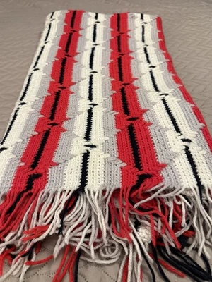 Handmade Blanket, Afghan, Crochet - Red, White, Gray, Black Tribal 56 x 67 - Image 1 of 4
