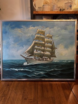 Framed 24 X30 Nautical Ship Scene Oil Painting on Canvas Signed By Artist USA