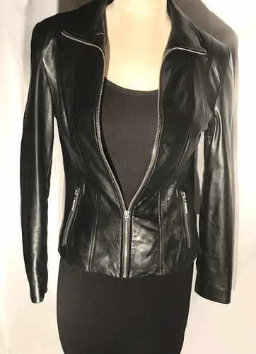 black leather jacket with pink lining