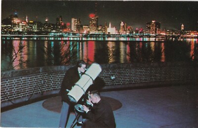 Night Time Chicago Skyline from Adler Planetarium  Man with Telescope  Postcard