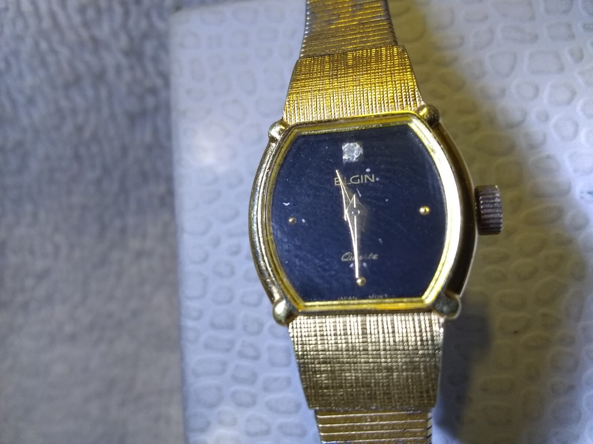 Elgin Gold Dress Watch Quartz Diamond Black Dial EK228 New Bat