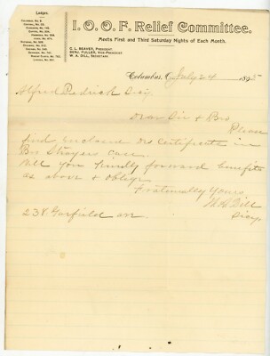 1895 IOOF Odd Fellows Letter relief Request Benefits Signed WA Dill Columbus OH