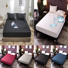 Solid Bed Fitted Sheet Waterproof Mattress Pad Protector Twin Full Queen King