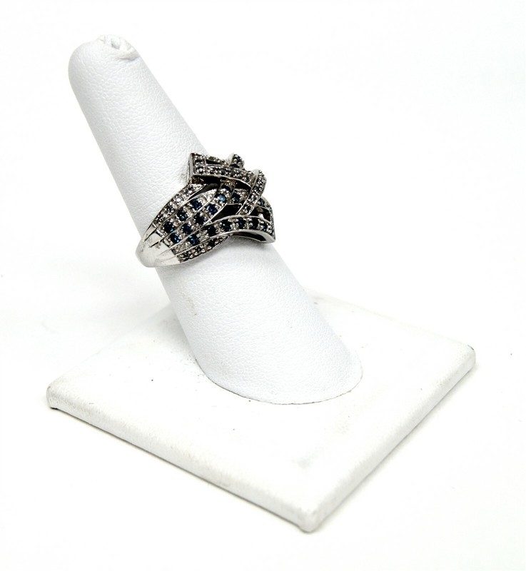 Signed 10K White Gold 1.0 cttw Blue & White Diamond Crossover Bypass Ring