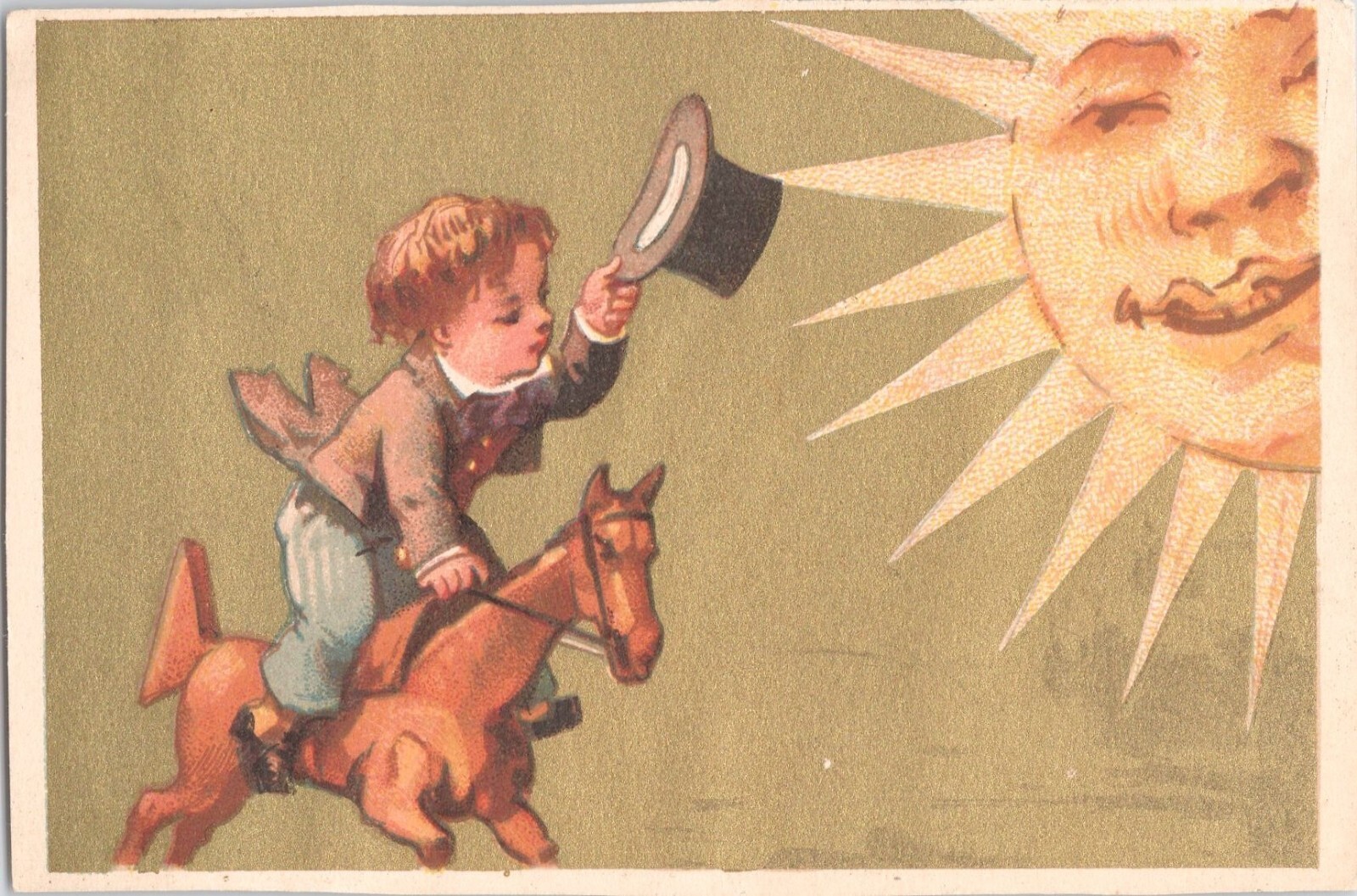 Antica carta commerciale vittoriana mai usata Little Boy cavalca punte di pony cappello al sole
