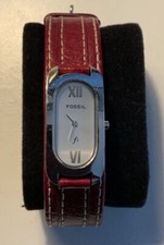 Fossil Silver Tone Watch Stainless Red Leather