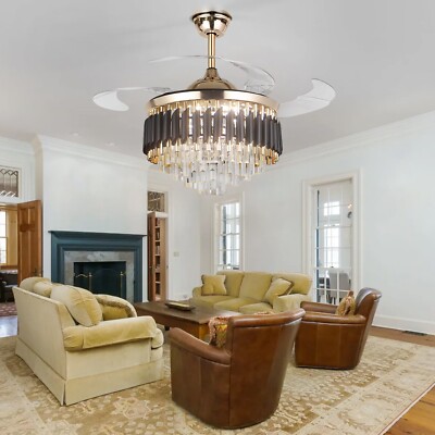42'' Crystal Ceiling Fan Light Remote LED Chandelier Retractabl Blades Fandelier