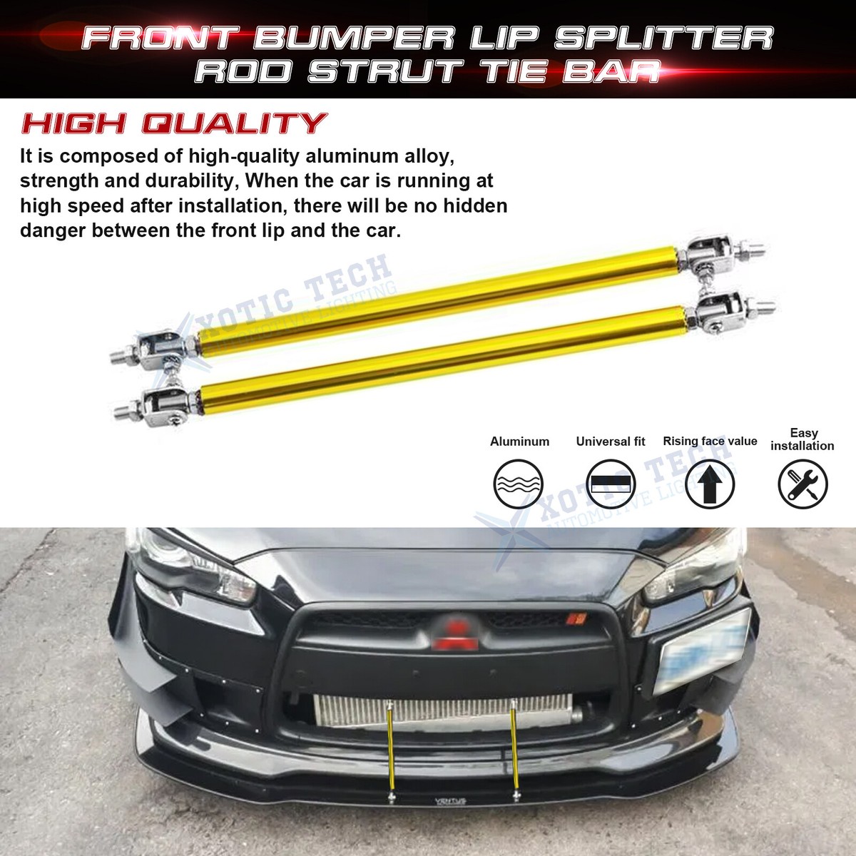 Carbon Fiber Pattern Rod Bumper Lip Splitter Chrome Front Strut Bars ...