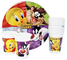 Set Stoviglie Festa Compleanno 16 Piatti + 16 Bicchieri Tema Looney Tunes