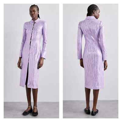Stine Goya Lavender Purple Sonja Sequin Button-Up Midi Shirtdress Small $465