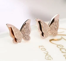 18K GP Rose Gold Titanium Stainless Steel Butterfly Stud Earrings Gift PE9