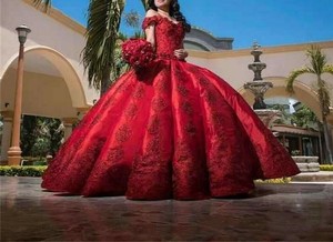 red ball gown off shoulder