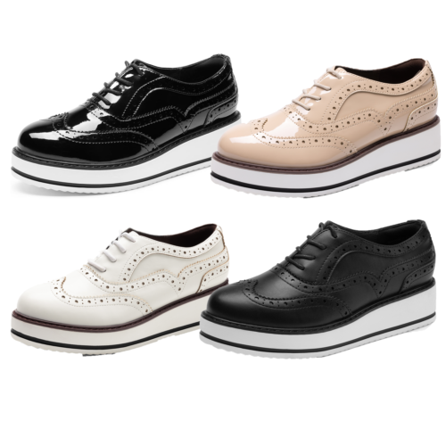 Women Platform Wedge Heel Round Toe Lace Up Wingtip Oxford Dress Shoes