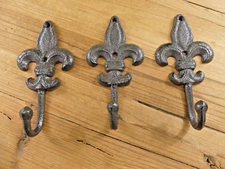 3 LARGE Cast Iron Fleur De Lis Coat Hooks Hook Hall Tree Hat Dog Leash Fluer 