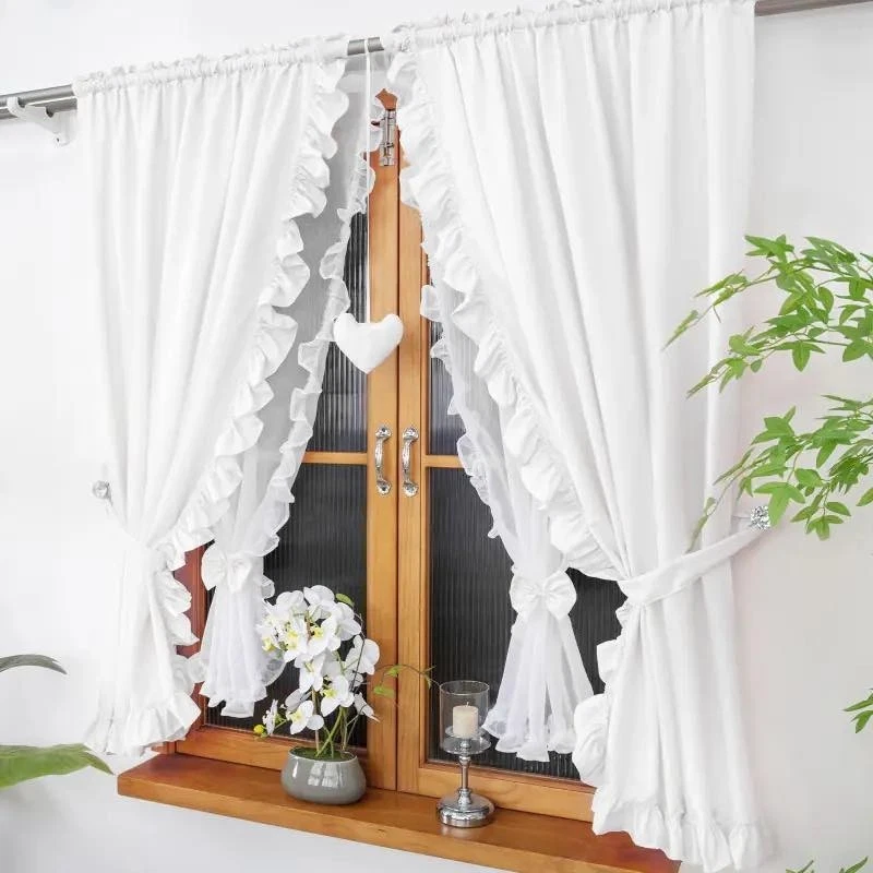 White Curtain and Voile Set Ruffle Window Drapes 5 PCS SET