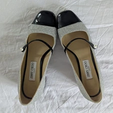 Jimmy Choo Elisa Glitter Cap Toe Block Heel Pumps Patent Leather Women's 40 EUC