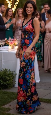 Micas Colorful Floral Long Maxi V Neck Slip Dress XL Lace Trim Sexy NWT Y2K Styl