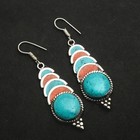 Turquoise Coral Gemstone Drop Dangle Tibetan Earrings Jewelry 2.2" AE-14183