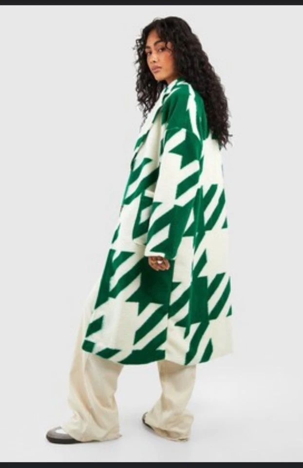 Boohoo зеленый и белый негабаритный Dogtooth шерсти вид пальто женщины размер 4 итальянский - Изображение 3 из 4