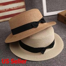 Women Boater Straw Sun Hat - Flat Top Panama Short Brim Fedora Summer Beach Hat