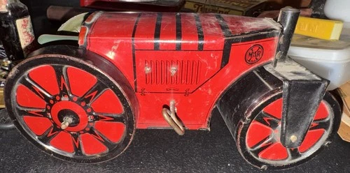 Vintage Marx Antique Tin Litho Red & Black  Side Windup Steam Roller As Is