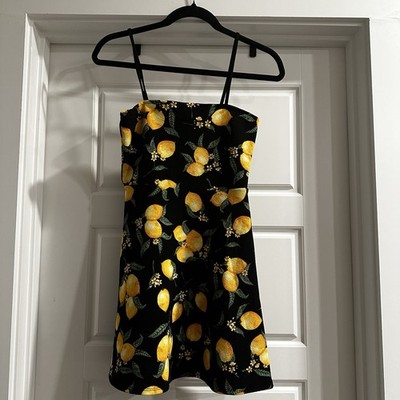 H&M Divided Black & Yellow Lemon Skater Mini Dress Small/Size 4 Summer Strap py