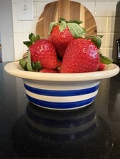 Rare Roseville, OH R.R.P. Co 6” Bowl Blue Stripes HandPainted Strawberries #1116