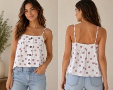 NWT Free People Ivory Combo Floral Button Front Cami Tank Top Adjustable Strap S