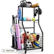 Sports Equipment Garage Organizer 3-Layer Ball Storage Rack Wheels