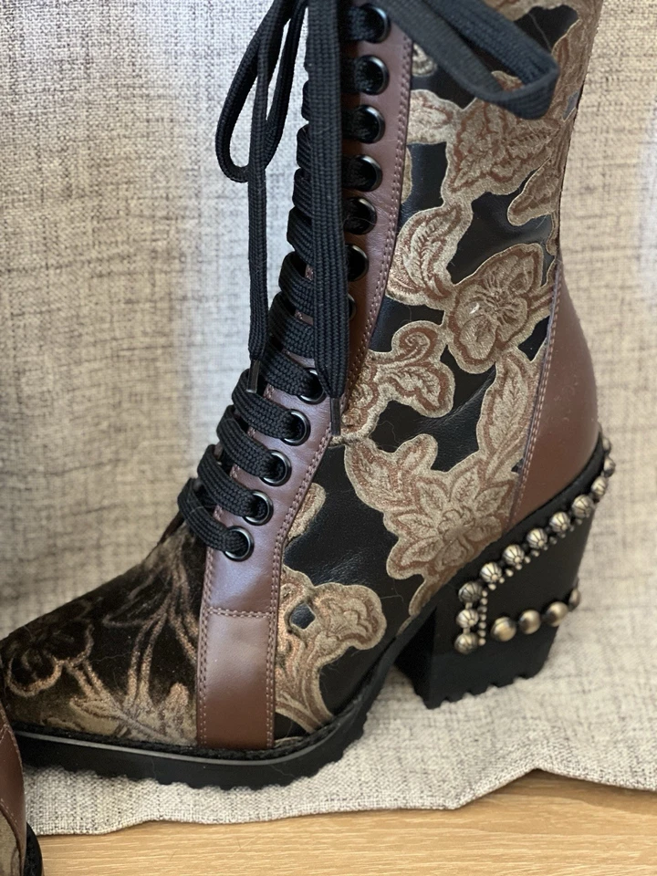 Chloe Rylee Lace Up Embossed Velvet Bold Brown Boots EU 34 w/Metal Heel - Image 2 of 4