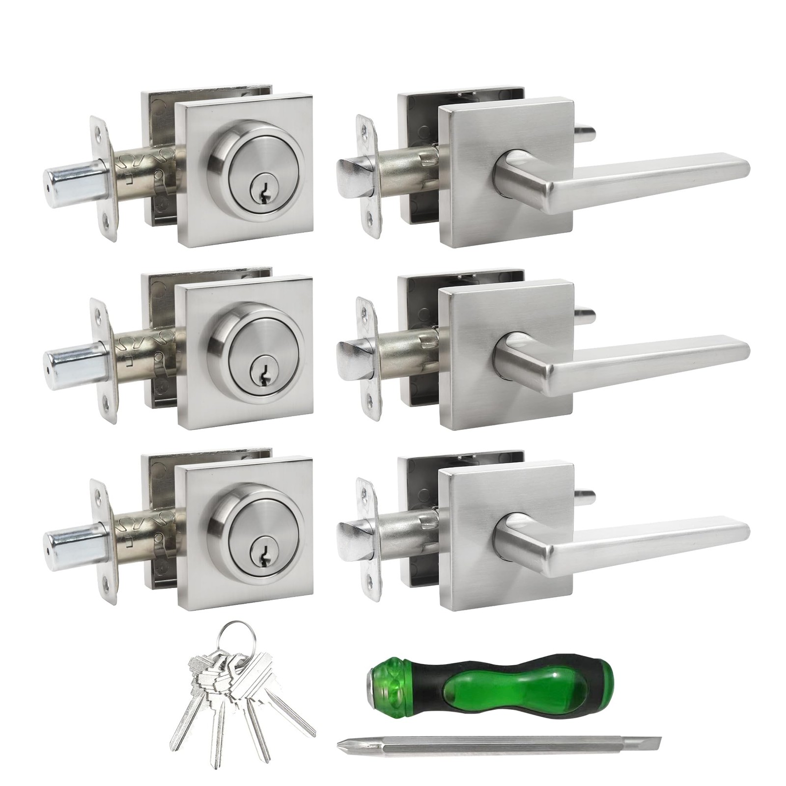 Keyed Entry Deadbolt Lock and Door Knob Set for Exterior Doors with Square Design