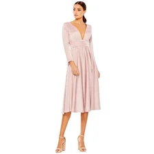 Mac Duggal Plunge Neck Satin A-Line Midi Dress Rose Style 67527 Rose Size 0 NWT 