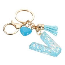 Initial Letter Keychain, Letter V Heart Design Charm with Tassels, Blue