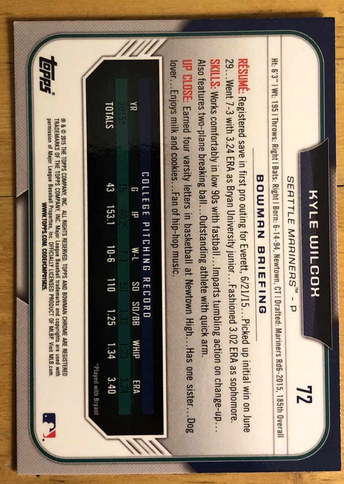 2015 Bowman Chrome First 1st Kyle Wilcox Rookie Card (RC) #72 Mariners Mid-Grade - Image 2 of 2