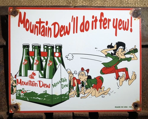 VINTAGE 1964 DATED MOUNTAIN DEW 12” PORCELAIN SIGN SODA POP COKE BEVERAGE