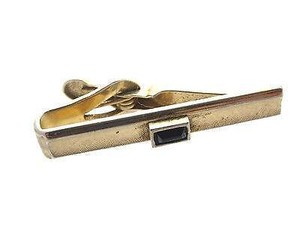Authentic Vintage Gold Plated Signed Swank Black Rhinestone Accent Small Tie Clip Clasp