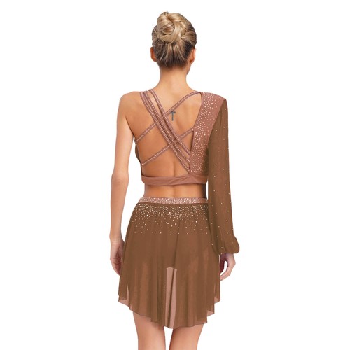 Women Lyrical Dance Costume One Shoulder Crop Top with Skirt Ballet Dance Outfit - Picture 43 of 77