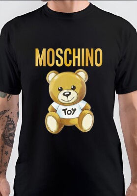 Love Moschino Goldener Bär Tiermotiv Klassisches Schwarzes Baumwoll T-Shirt