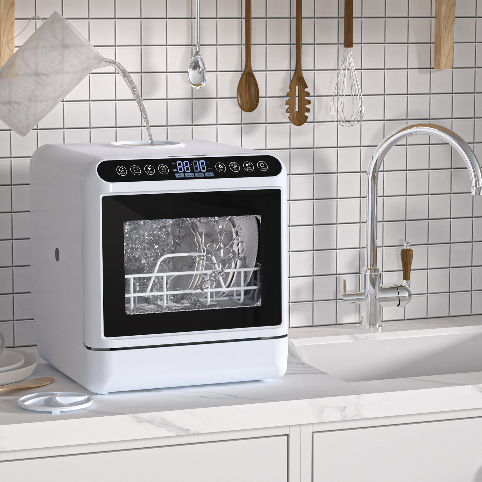 1000W Countertop Dishwasher, Portable Dishwashers w/5L Built-in Water Tank White