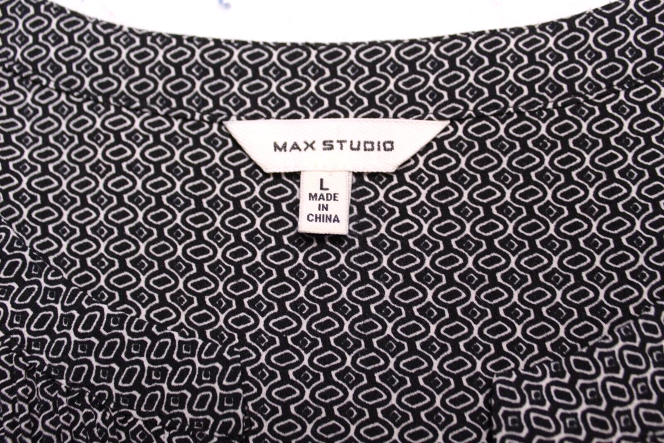 BLUSA TÚNICA MAX STUDIO Damas Talla L Negro Blanco Geo Estampado Mangas Largas Sedosa Foto 3 de 4