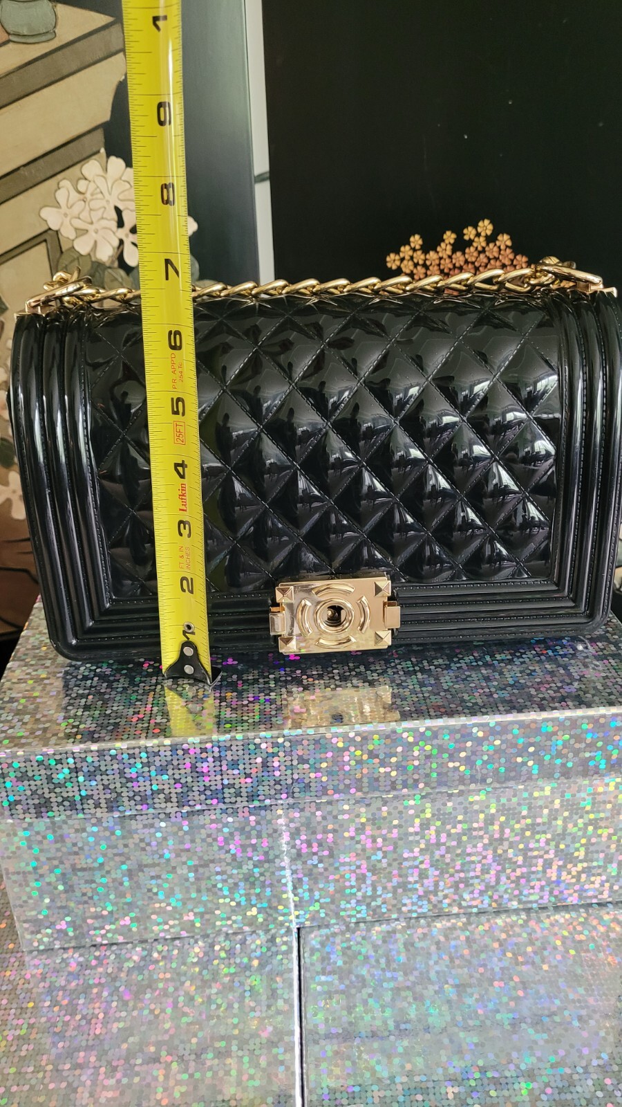 Black Patent Leather Solid Structured Handbag W G… - image 12